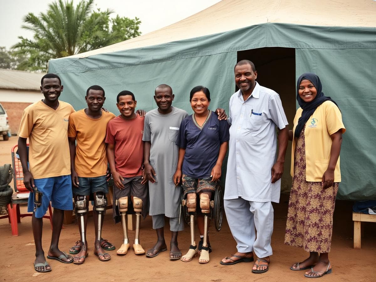 Amputees standing together with clinicians after receiving new prosthetic legs at an outreach event